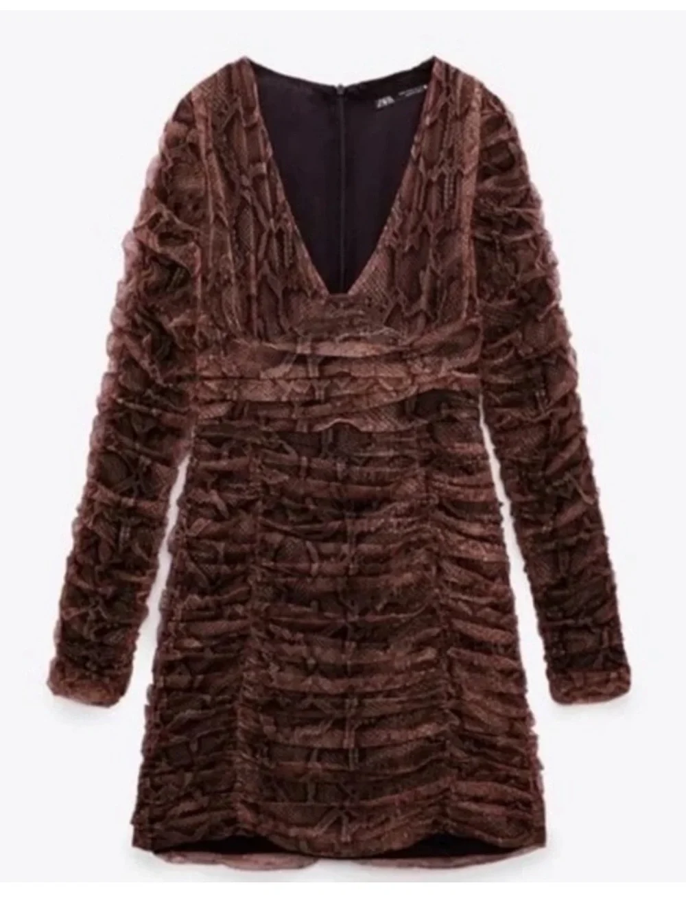 Zara Snake Print Draped Tulle Long Sleeve Ruched Mini Dress - Picture 7 of 15